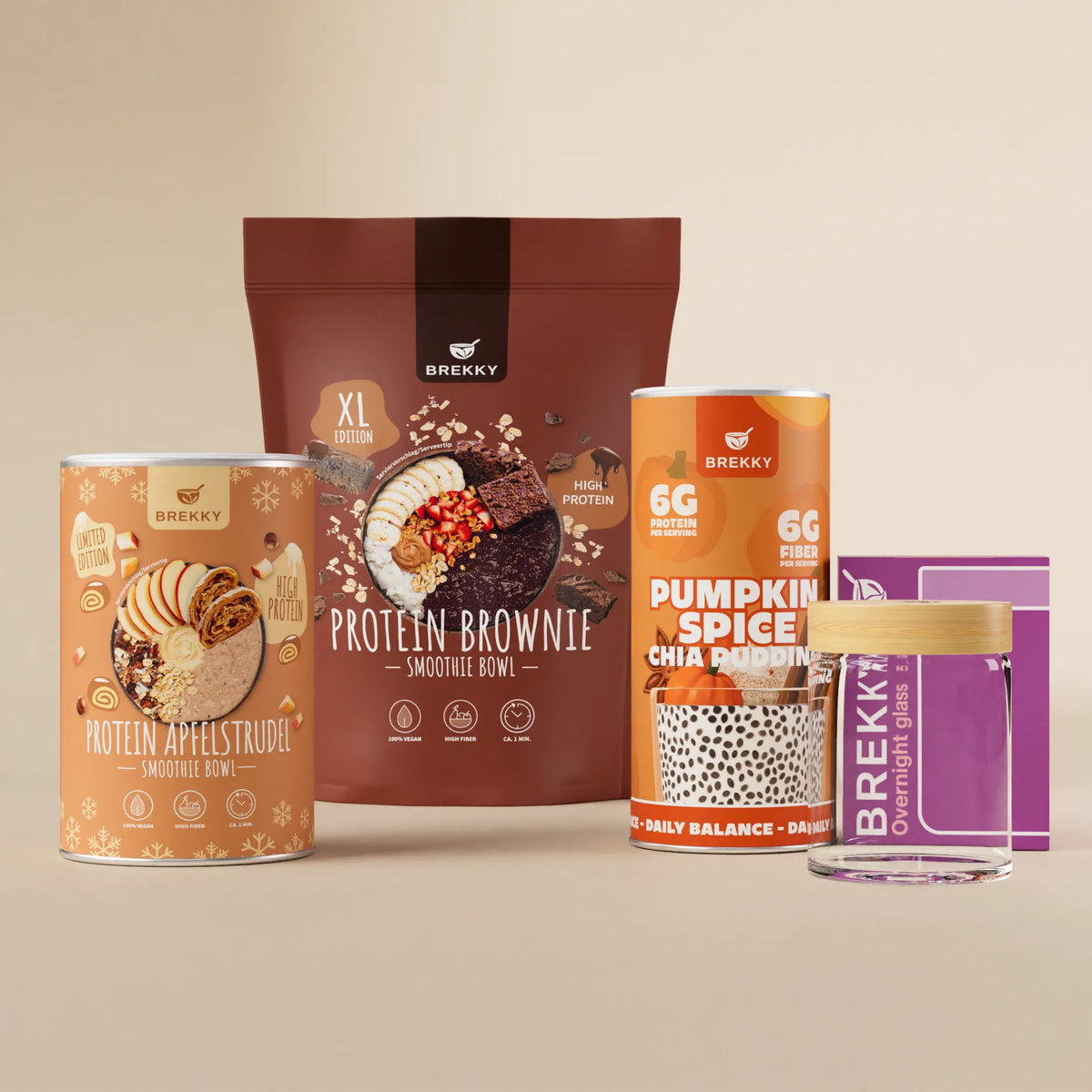 BREKKY Halloween Sale actiepakket met protein brownie, protein apfelstrudel en pumpkin spice chia pudding en overnight glas