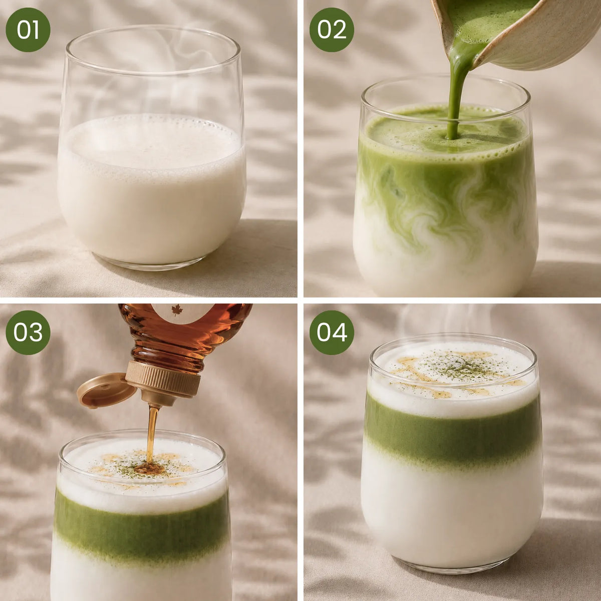 Vier stappen voor het bereiden van een matcha latte