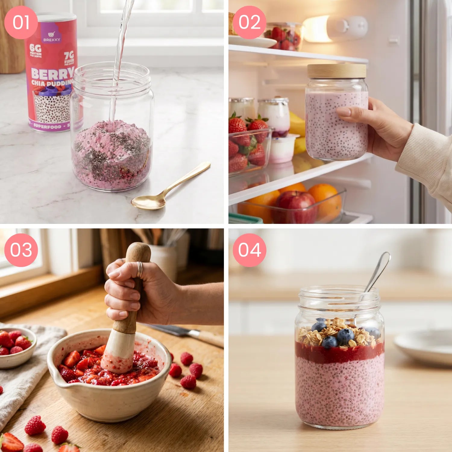 Bereiding van Berry Chia-pudding in vier stappen