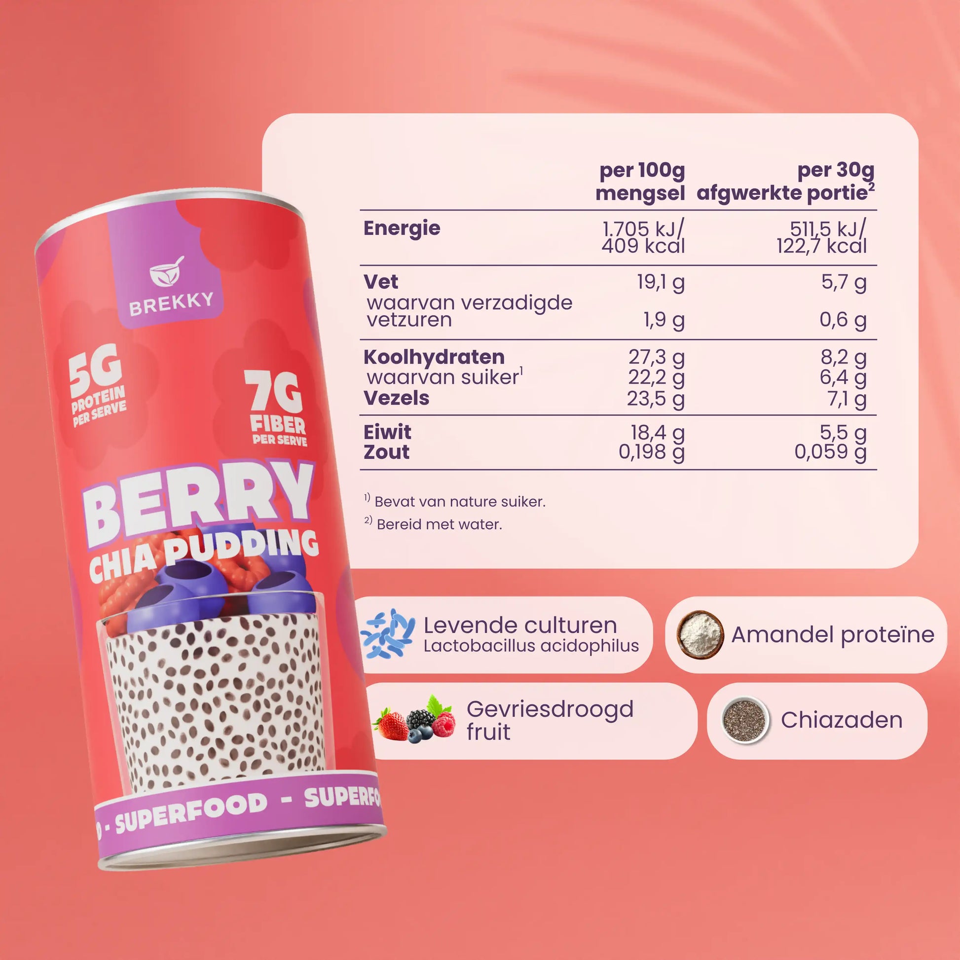 BREKKY Chia Pudding Berry ingrediënten