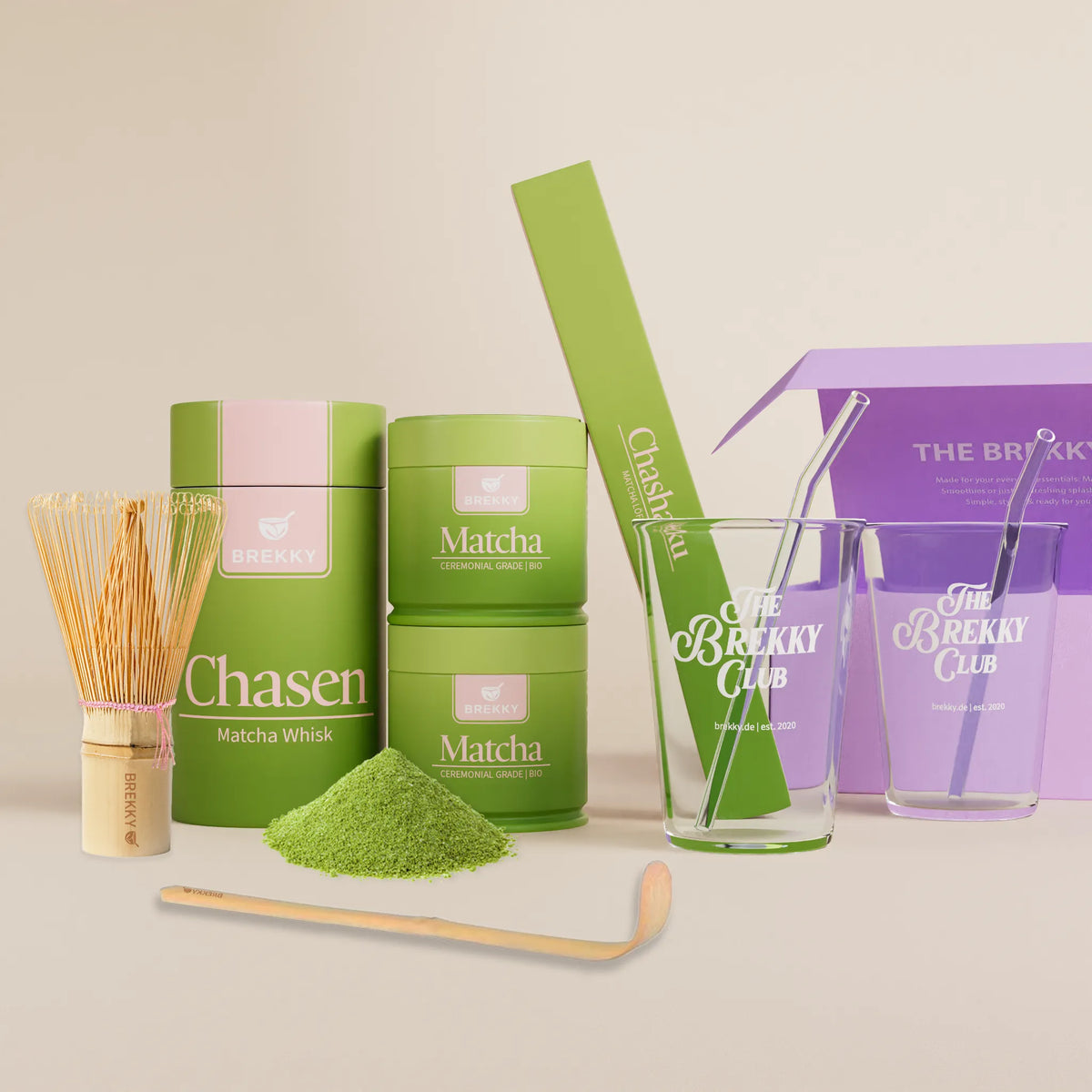 BREKKY Matcha Proefpakket 2 blikken matcha en glazen met rietjes