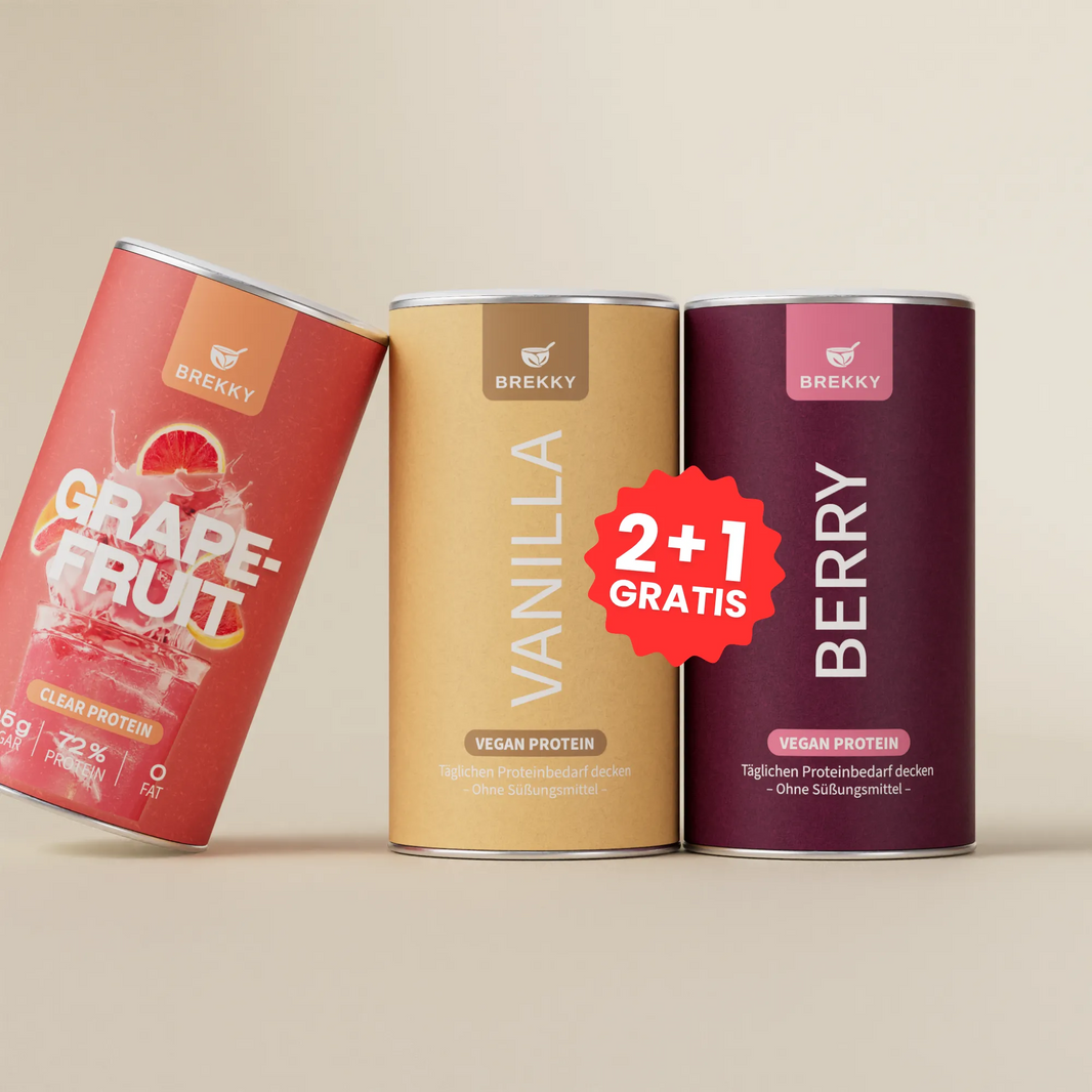 BREKKY Vegan en Clear Protein 2+1 gratis deal