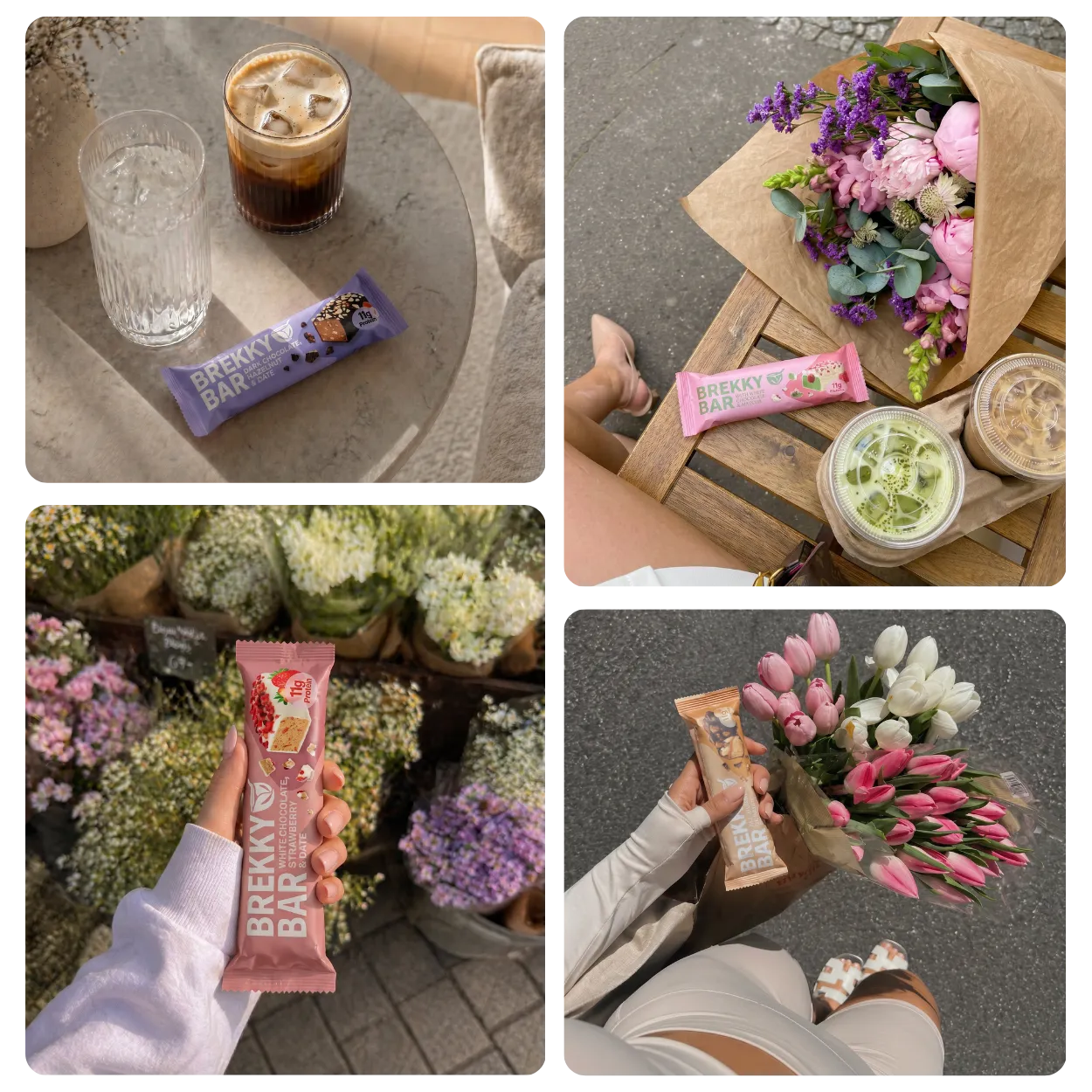 Collage van verschillende soorten Brekky Bars in het dagelijks leven
