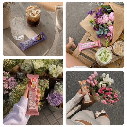 Collage van verschillende soorten Brekky Bars in het dagelijks leven