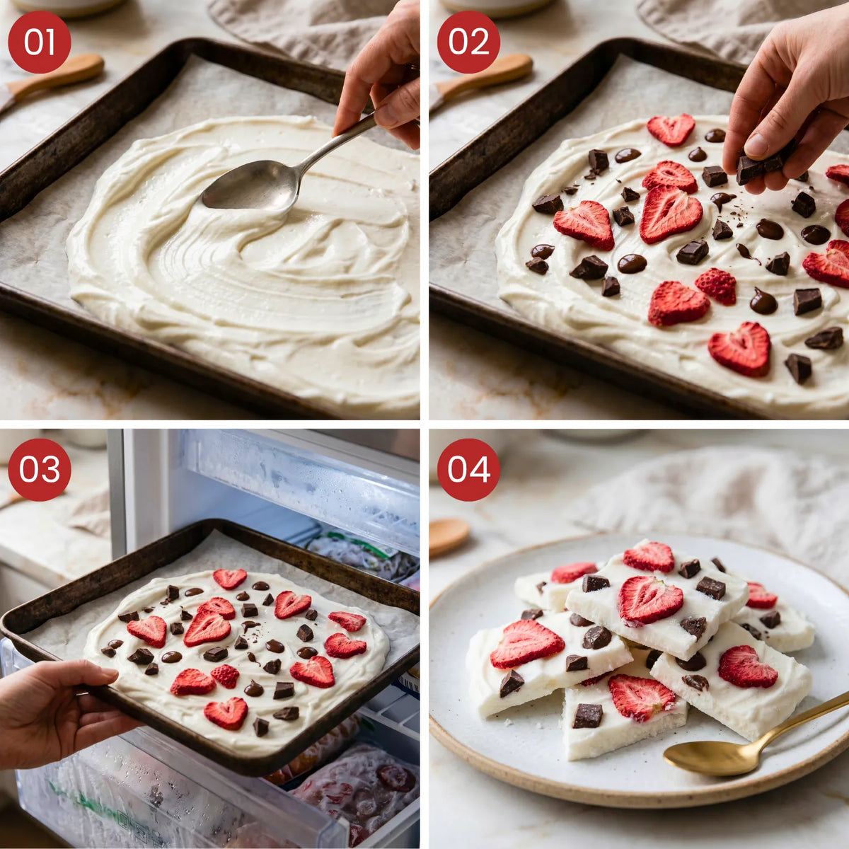 Yoghurtbark met aardbeien in vier stappen