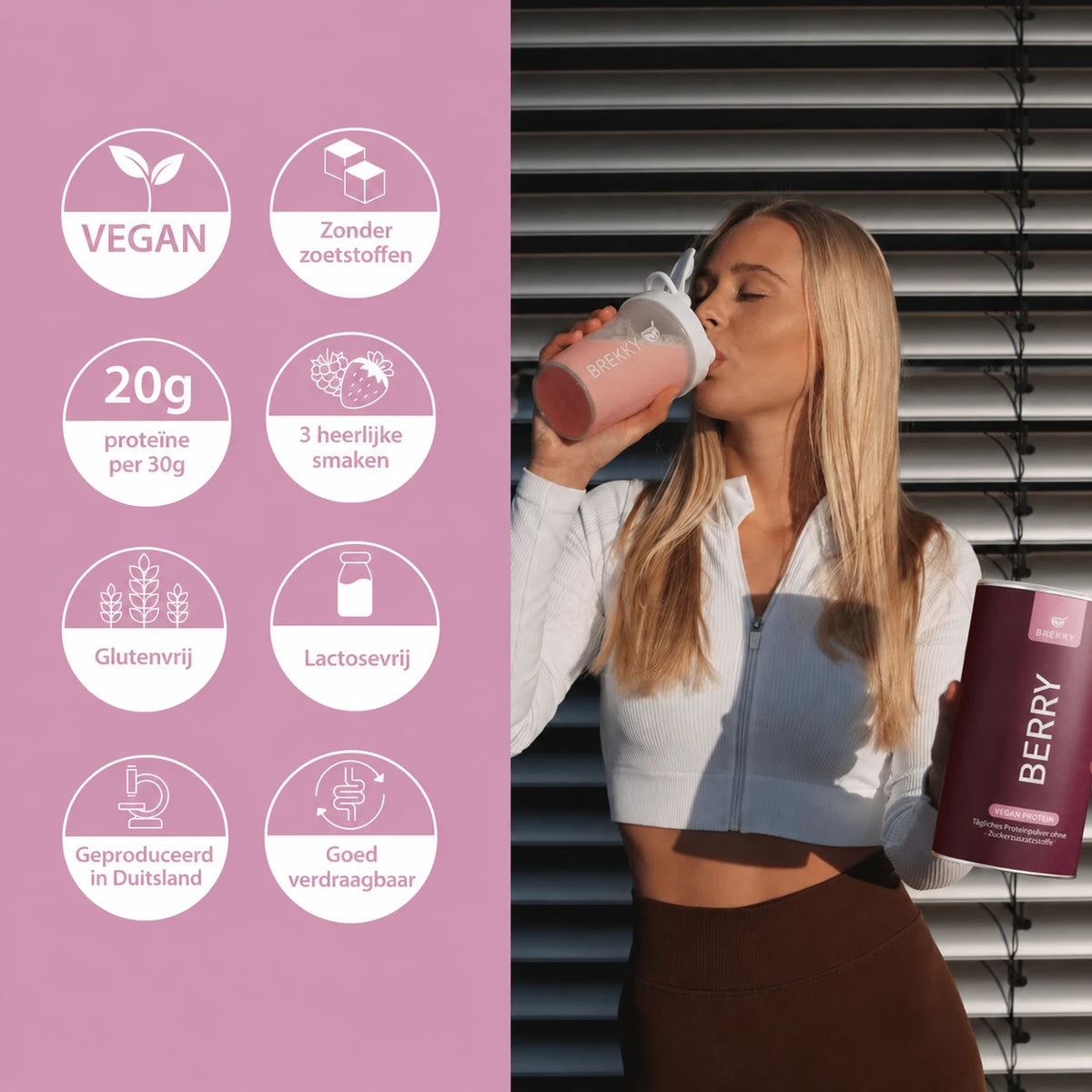 Vrouw drinkt een shake, voordelen van het Berry-eiwitpoeder