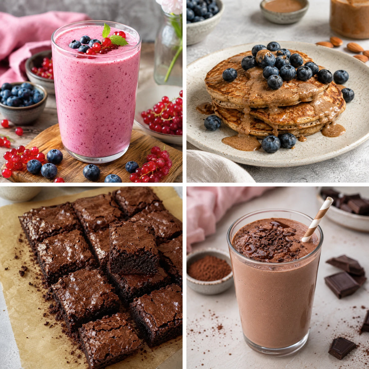 Collage van milkshakes, pannenkoeken en brownies